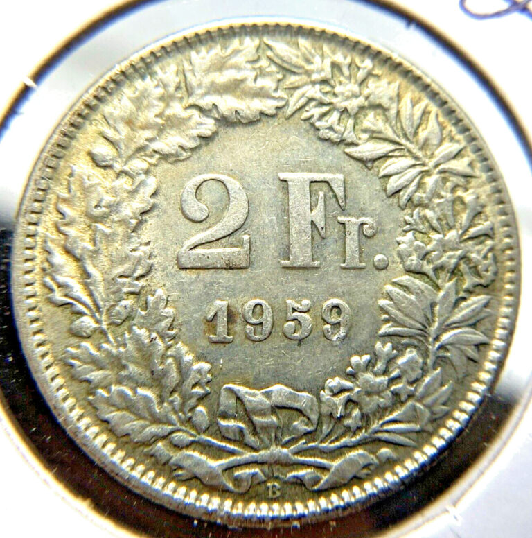 Read more about the article 1959-B Switzerland 2 Francs XF  83.5% Silver KM#21