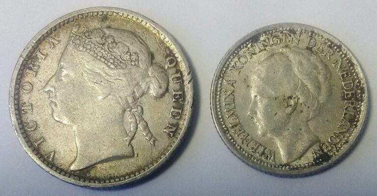 Read more about the article Straits Settlements 1894 10¢ + Netherlands 1939 10¢. Vintage Silver Coins.