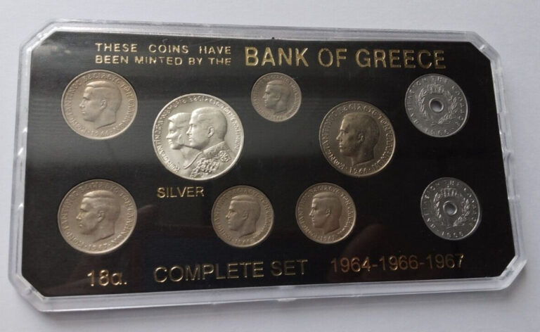 Read more about the article BANK of GREECE 1964-67 9 PIECE BU UNC SPECIMEN COIN SET w/ 30 DRACHMAI SILVER