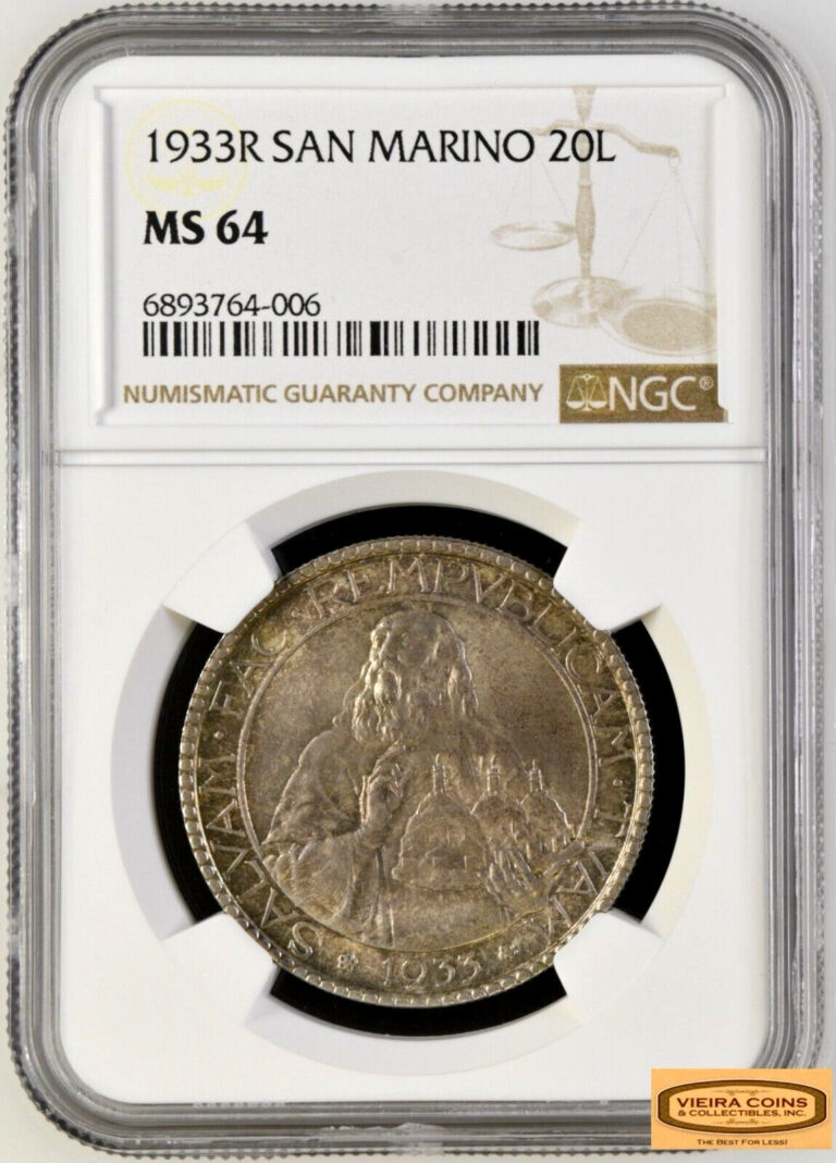 Read more about the article 1933-R San Marino Silver 20 Lire  NGC MS64  Mintage of 10 000 coins-#B36275