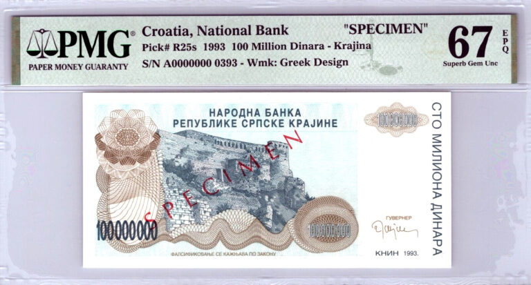 Read more about the article Croatia 100 Million Dinara-Krajina 1993 TOP POP Pick# R25s SPECIMEN PMG 67 EPQ