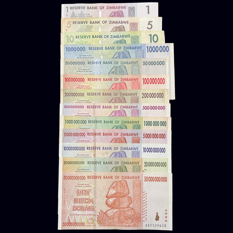 Read more about the article Zimbabwe 13 Banknotes Set 1 5 10 20 50 100 200 500 Million Billion Dollar Money