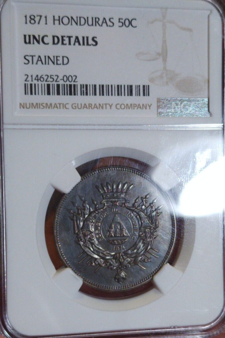 Read more about the article 1871 Honduras 50 Centavos NGC UNC Details Stained