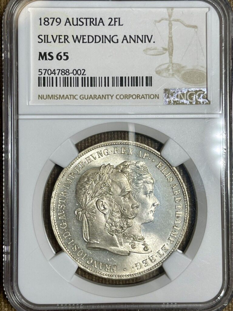 Read more about the article 🦁 1879 Austria Empire 2 Gulden Florins  Silver Wedding  NGC MS-65 Superb Gem!