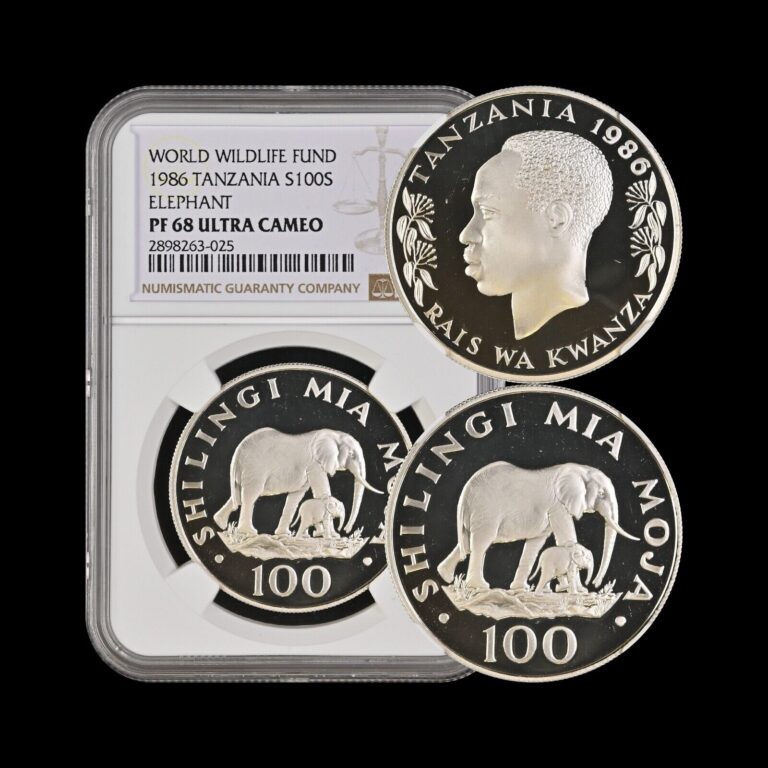 Read more about the article TANZANIA. 1986  100 Shilingi  Silver – NGC PF68 – Elephant Mother and Calf  RARE