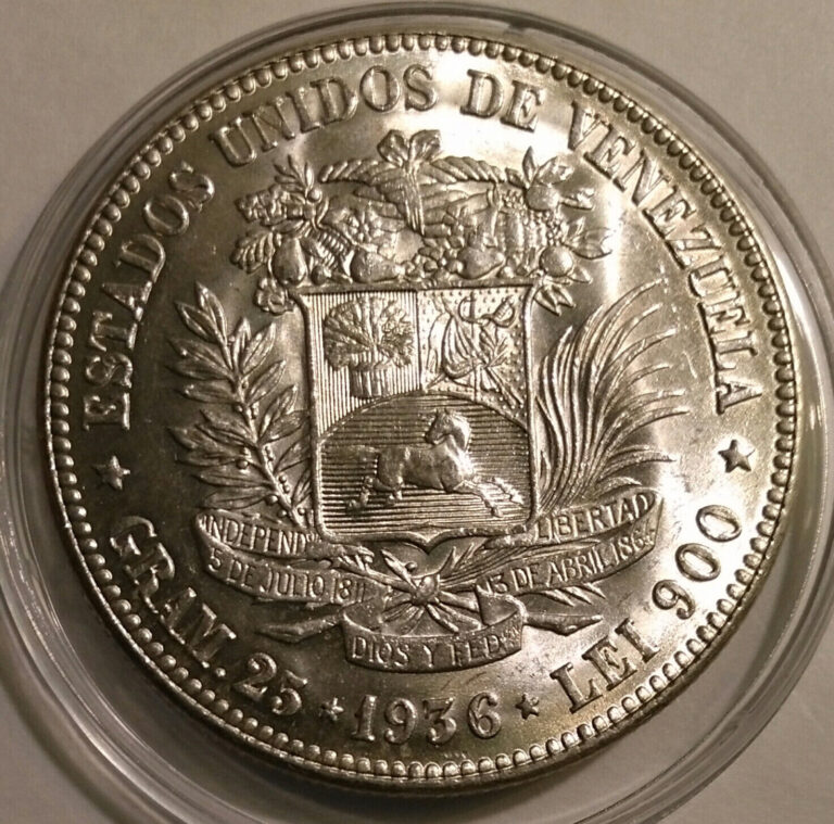 Read more about the article 1936 Venezuela 5 Bolivares Silver Coin Gram 25 Lei .900  Lustrous BU Example