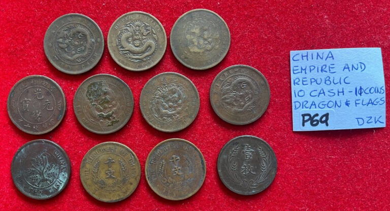 Read more about the article P69 China – Empire and Republic; Lot of 11 Coins – 10 Cash – Dragon and Flags