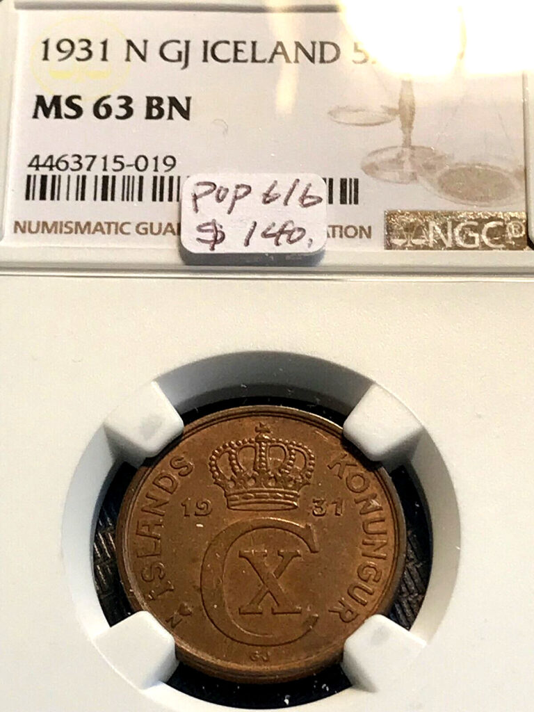 Read more about the article 1931 N GJ Iceland 5 Aurar NGC MS63BN Mintage 311K KM-7.1 New Slab CHN