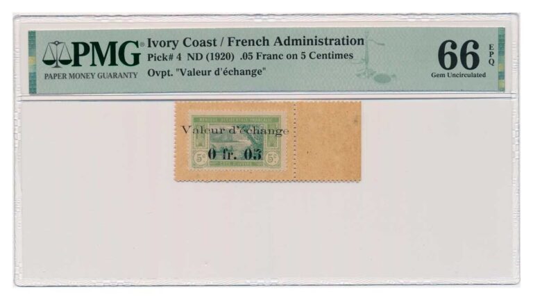 Read more about the article IVORY COAST banknote 0.05 Franc on 5 Centimes 1920 with selvage PMG MS 66 EPQ