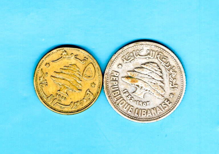 Read more about the article LEBANON – TWO BEAUTIFUL COINS:  1952  SILVER 50 PIASTRES   and  1955  25 PIASTRES