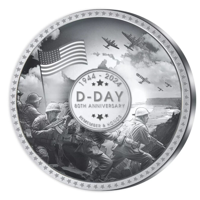 Read more about the article 2024 Solomon Islands 80th Anniversary of D-Day 50 g Silver Domed Shaped Coin