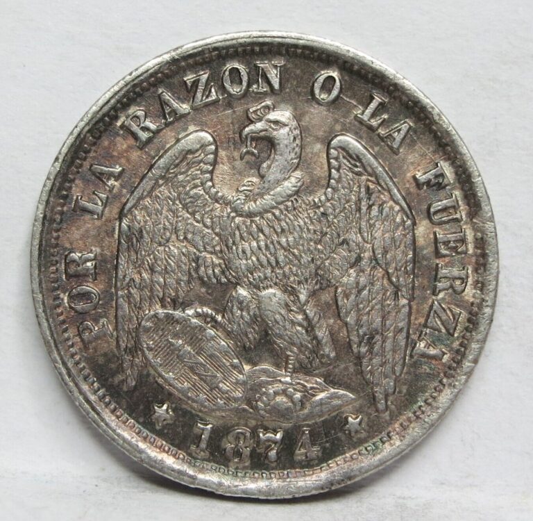 Read more about the article CHILE 1/2 Decimo Medio 1874 So About UNC Silver Condor Bird Santiago Peso #E18