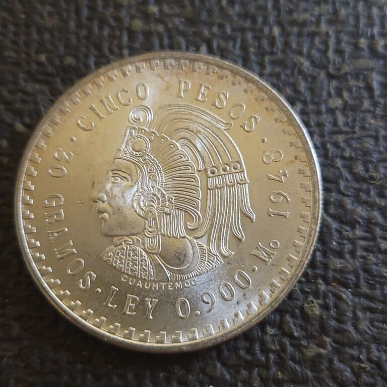 Read more about the article 1948 Mexico CUAUHTEMOC CINCO 5 PESOS 30 Gramos  0.900 90% Silver 30g Coin