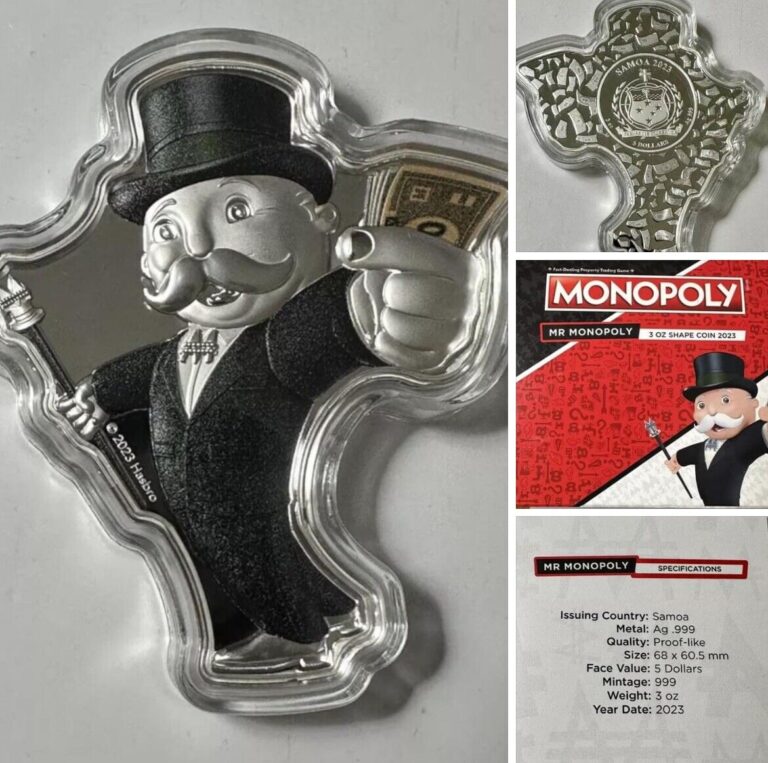 Read more about the article Mr. Monopoly InHand🎩 2023 3 oz Silver Samoa Proof Shaped Coin Hasbro 999 Made