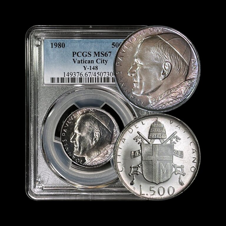 Read more about the article VATICAN CITY. 1980  500 Lire  Silver – PCGS MS67 – JP2  Papal Arms  🌈 Toned