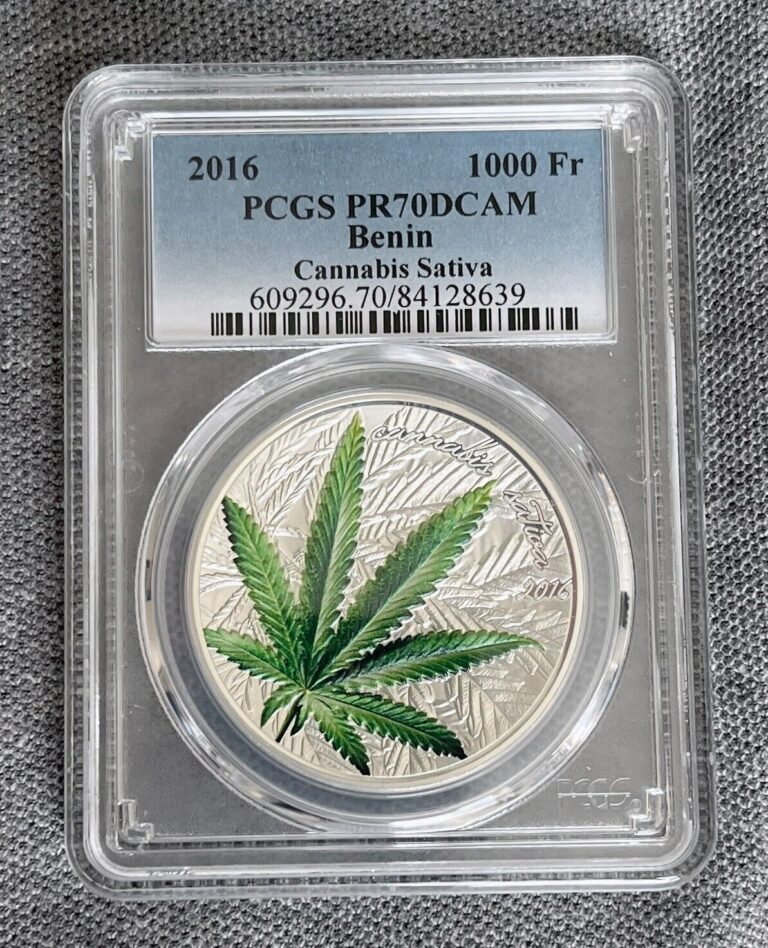 Read more about the article 2016 1000 Francs Benin Cannabis Sativa 1 oz Silver Coin PCGS PR70DCAM