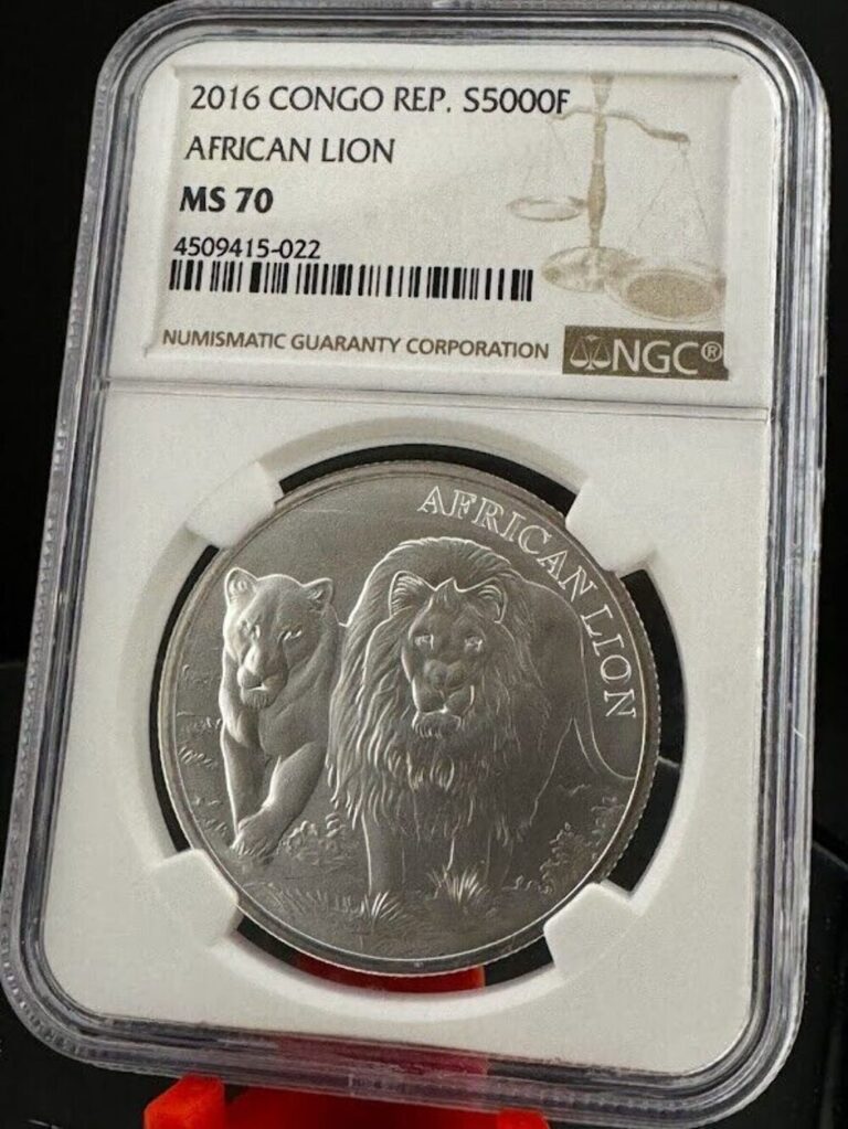 Read more about the article 2016 Congo Republique S5000F African Lion NGC MS70 Graded .999 Silver Coin