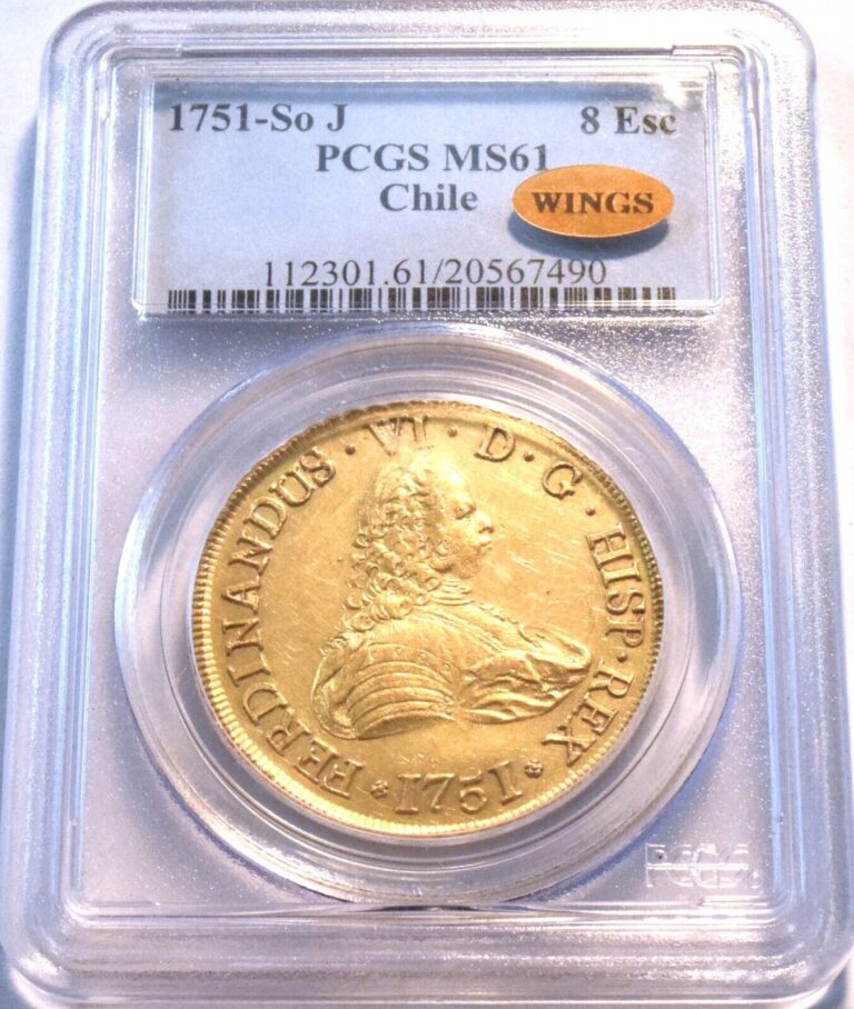 Read more about the article 1751 So J 8 esc PCGS MS 61 WINGS Chile Gold 8 Escudos  Uncirculated Type Coin
