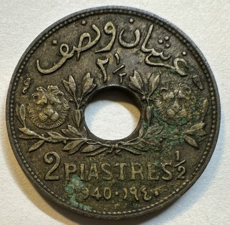 Read more about the article 1940 Lebanon 2 1/2 Piastres  VF Corrosion