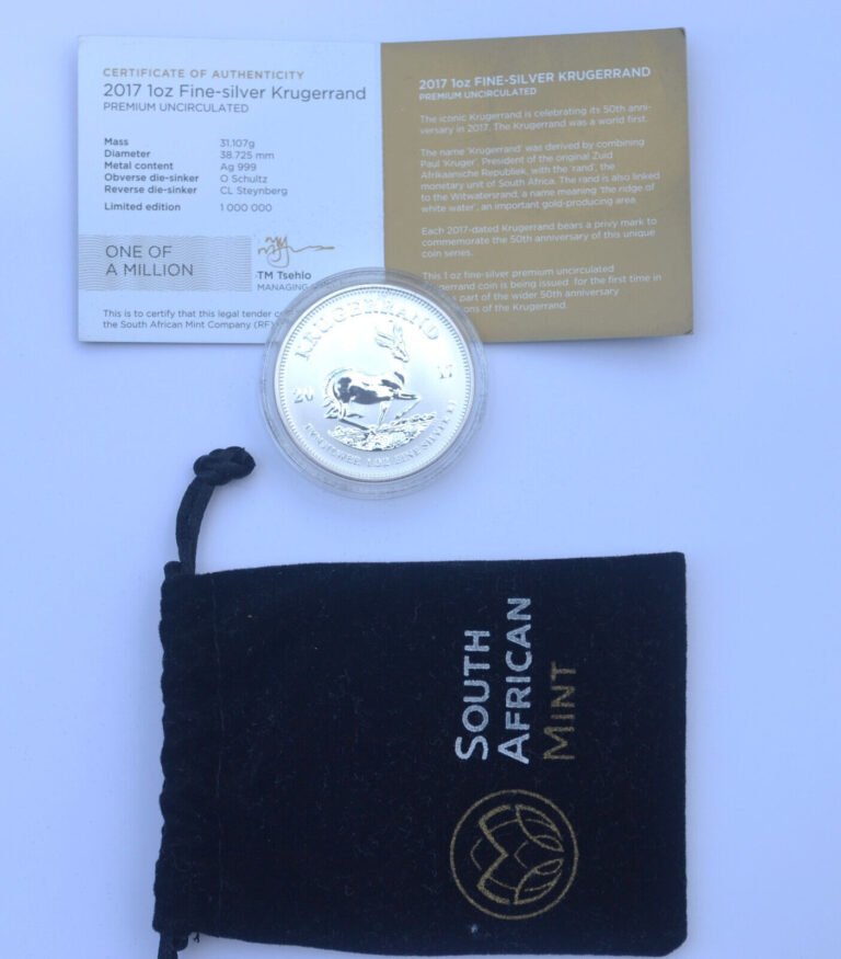 Read more about the article 2017 South Africa 1 oz. Fine Silver Krugerrand GEM 50th Ann. Premium w/COA