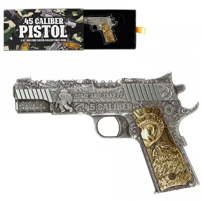 Read more about the article 2024 Chad .45 Caliber Pistol Gun Shaped Coin 2oz Silver ANTIQUED w/Gold Gilding