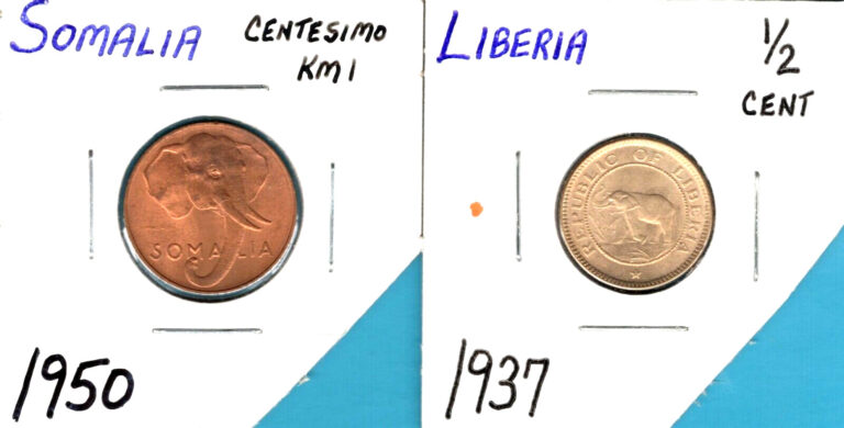 Read more about the article TWO  FANTASTIC ELEPHANT COINS: LIBERIA  1937 1/2 CENT and SOMALIA  1950 CENTESIMO