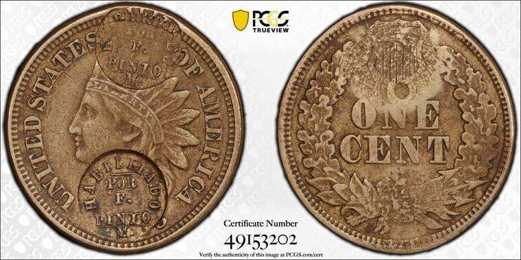 Read more about the article (c.1870) Costa Rica F. Pinto Habiltado Token C/S ON US Cent PCGS XF40 Lot#G8312