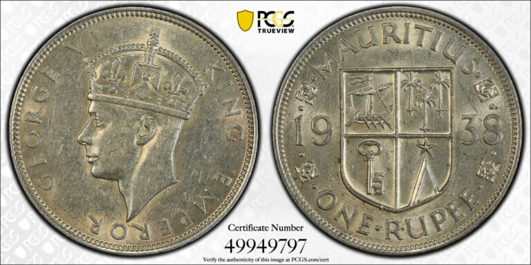 Read more about the article British Mauritius  1938 George VI Rupee. PCGS AU 55. 200 000 Mintage