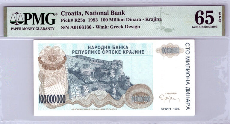 Read more about the article Croatia 100 Million Dinara-Krajina Pick# R25a 1993 PMG 65 EPQ Gem Unc Banknote