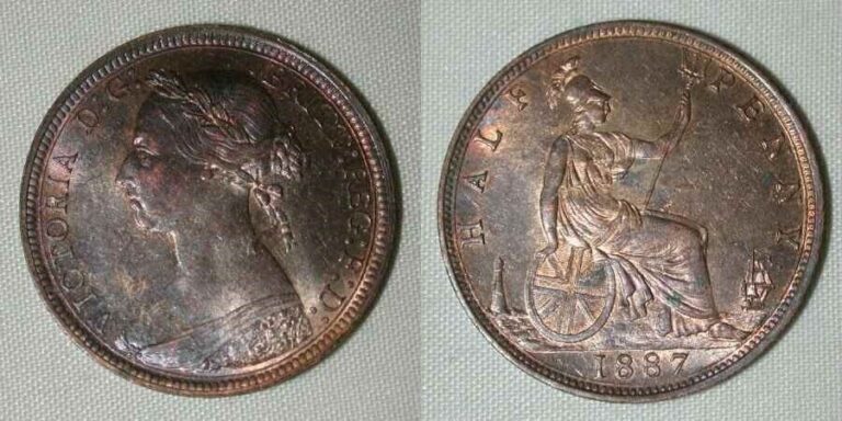 Read more about the article Nicely Toned 1887 Bronze Coin Great Britain Half Penny Queen Victoria AU++