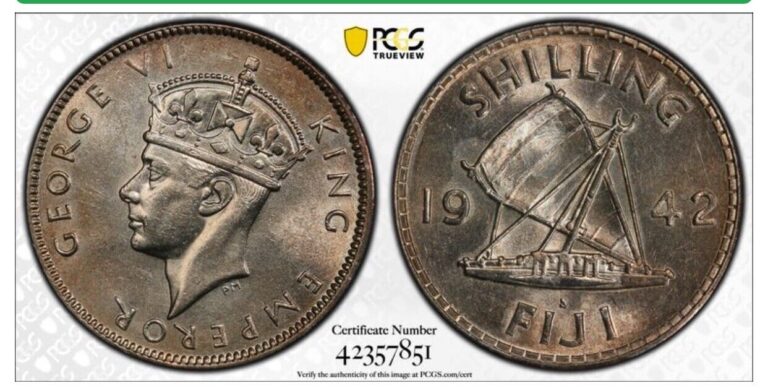 Read more about the article 1942 FIJI ONE SHILLING SILVER COIN PCGS MS62