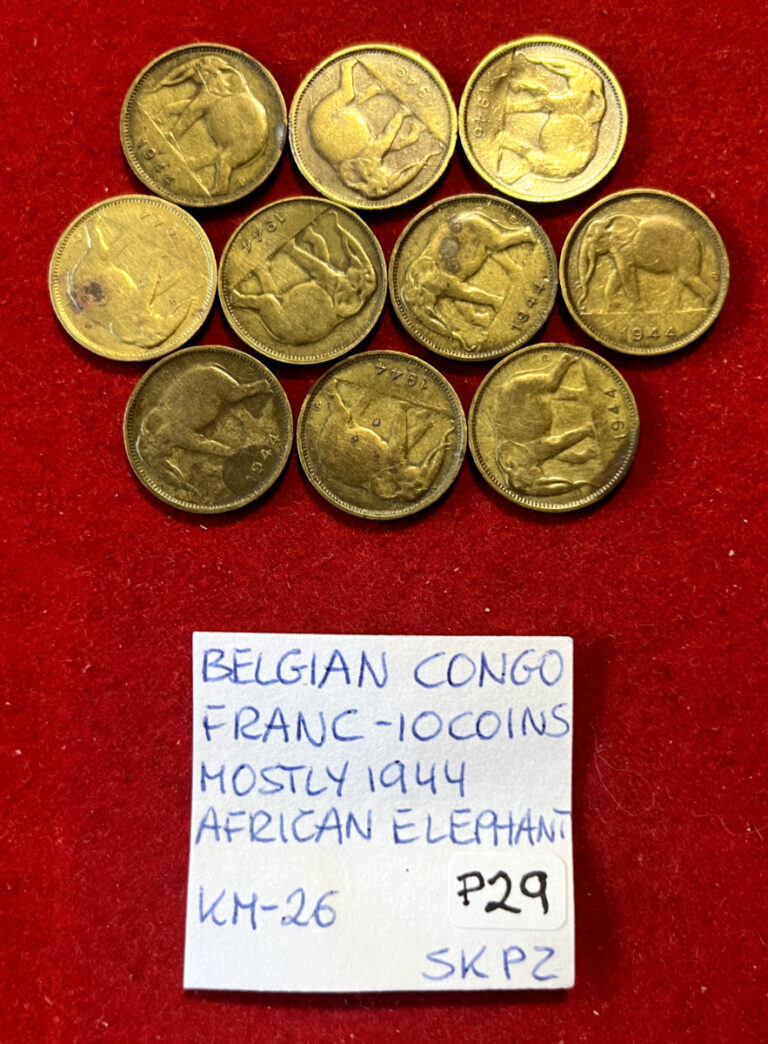 Read more about the article P29 Belgian Congo; 10 Coins – Franc Mostly 1944 African Elephant  KM#26