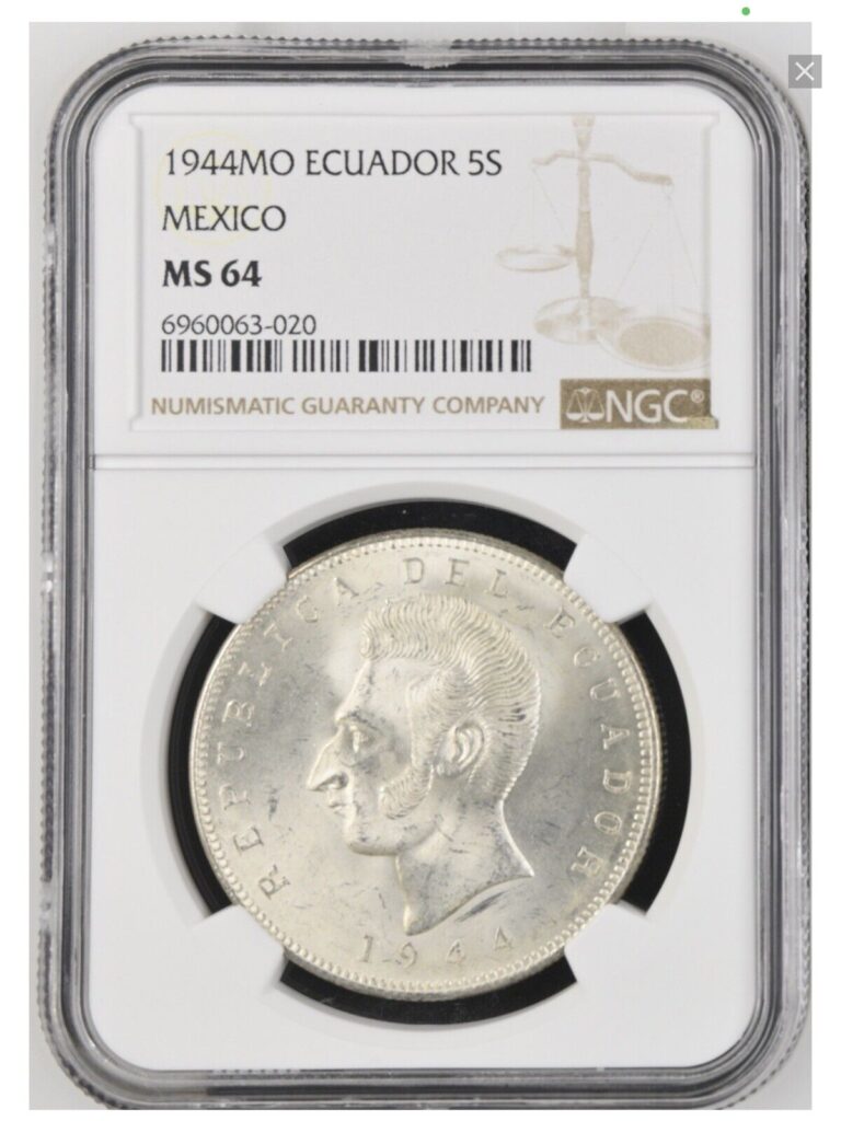 Read more about the article 1944MO Ecuador 5 Sucres silver coin NGC MS-64