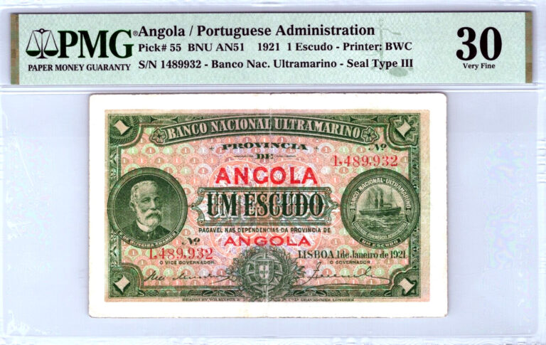 Read more about the article Angola 1 Escudo 1921 Pick# 55 – BNU AN51   PMG Graded 30 VF Only 5 Higher!