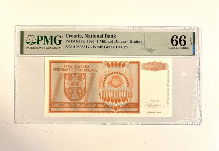 Read more about the article Croatia 1 Milliard Dinara-Krajina Pick# R17a 1993 PMG 66 EPQ Gem Unc Banknote