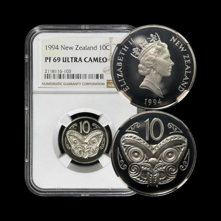 Read more about the article NEW ZEALAND. 1994  10 Cents – NGC PF69 – Top Pop 🥇 Maori Koruru Mask  RARE