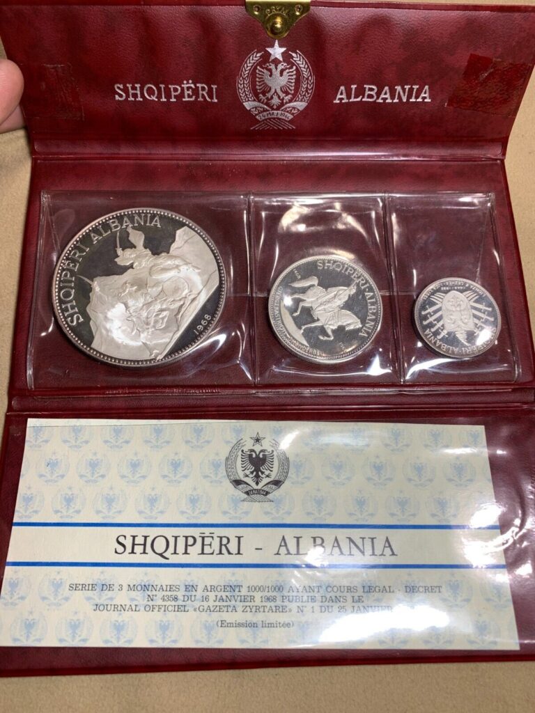 Read more about the article VINTAGE 1968 Shqiperi  Albania Proof Set of 3 Silver Coins: 25  10 and 5 LEK