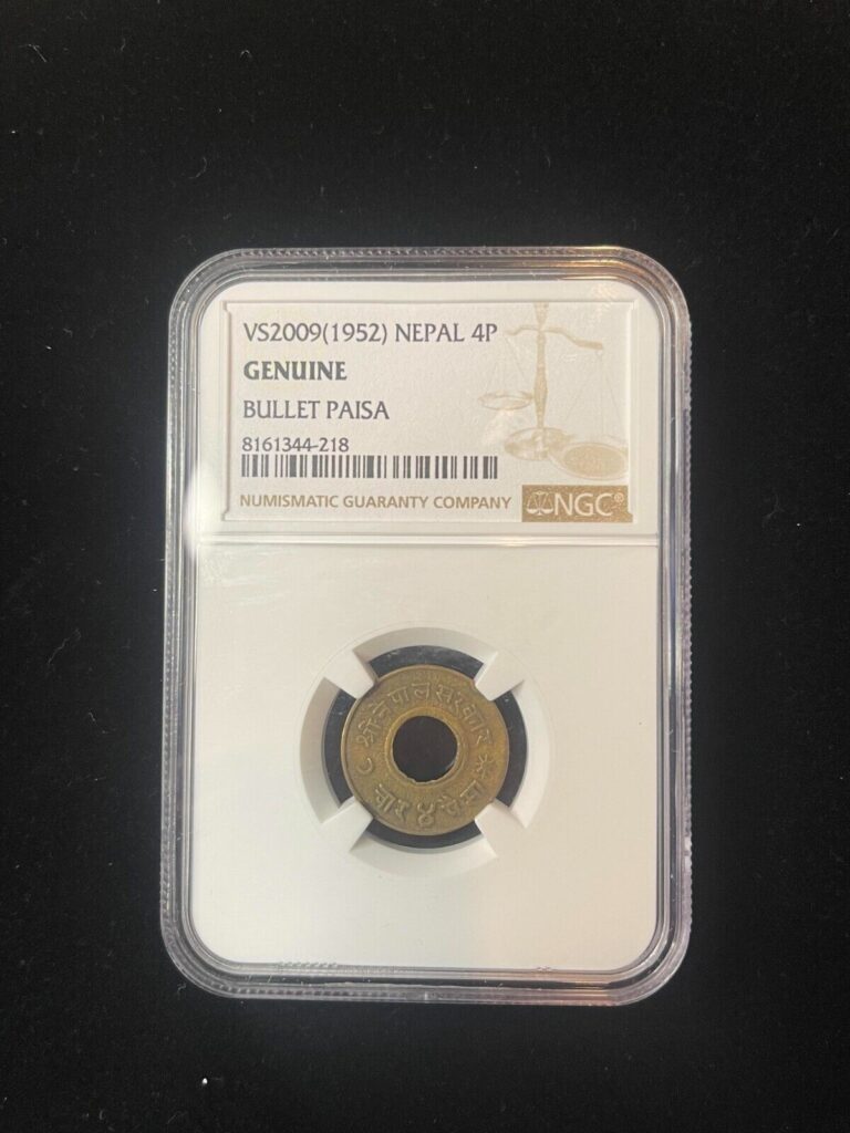 Read more about the article VS2009 1952 Nepal 4p Bullet Paisa WWII Cartridge Coin NGC Slabbed Graded Genuine