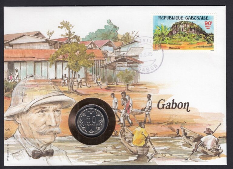 Read more about the article Gabon Africa Stamp and Central Africa States 1980 coin on 1985 Cover Boats Natives