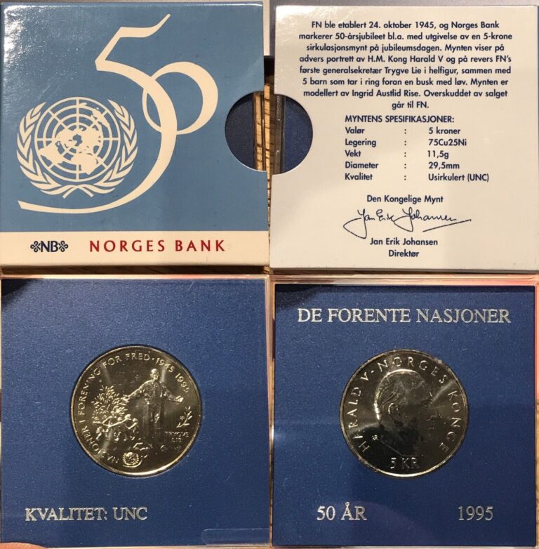 Read more about the article Norway 5 kroner 1995 United Nations 50th Anniversary KM#458 CuNi UNC in Holder