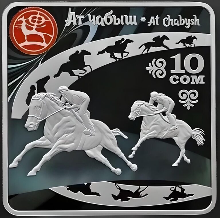 Read more about the article KYRGYZSTAN: silver coin 10 Som At Chabysh World Nomad Games PROOF colored 2024