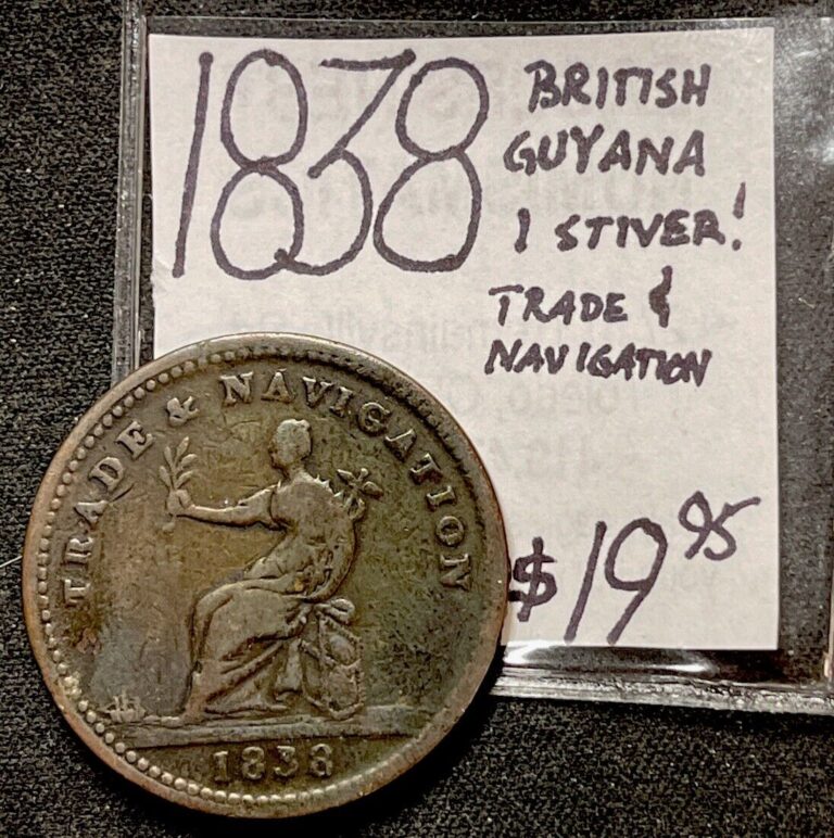 Read more about the article 1838 British Guyana Trade and Navigation One Stiver Coin. ENN Coins