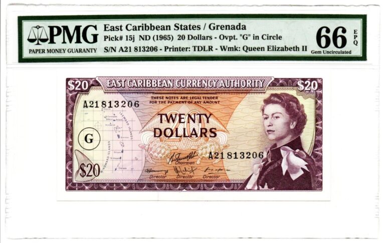 Read more about the article East Caribbean States: Grenada 20 Dollars ND (1965) Pick 15j  PMG Gem Unc 66 EPQ