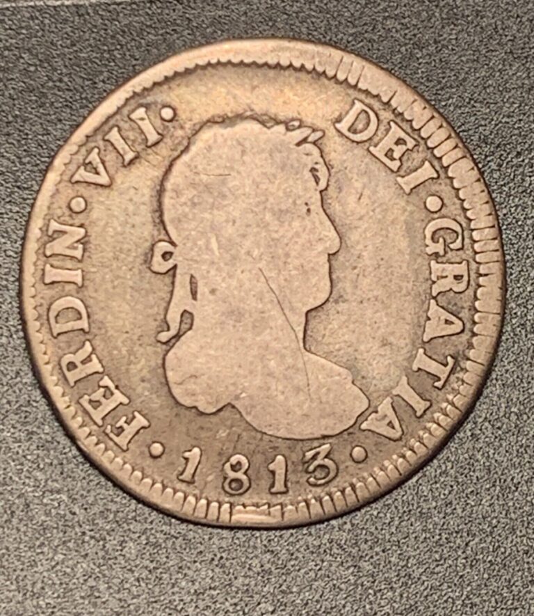 Read more about the article 1813 So-FJ Santiago Chile Spanish Colonial Silver 2 Reales.  [FC4]