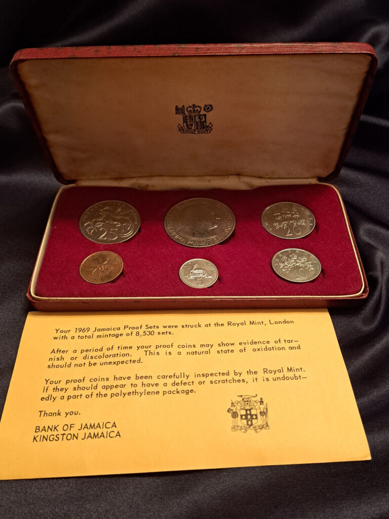 Read more about the article JAMAICA 1969 6-COIN PROOF SET – ROYAL MINT LONDON – 6 COINS IN ORIGINAL CASE