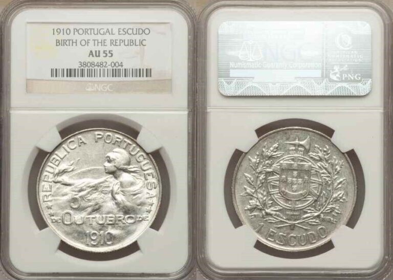 Read more about the article Portugal Crown Size Silver Coin 1910 Birth Of The Republic One Escudo NGC AU55