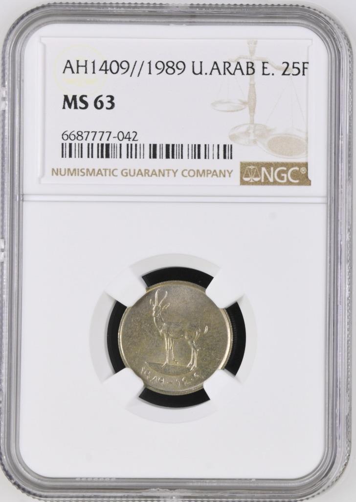 Read more about the article United Arab Emirates 25 Fils AH1409 / 1989 NGC MS 63