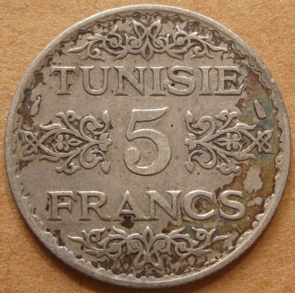 Read more about the article Circa 1935 Tunisie 5 Francs Silver Coin – Circulated – North Africa