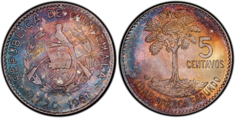 Read more about the article MS66 1961 5C Guatemala Silver 5 Centavos  PCGS Trueview- Amazing Toning
