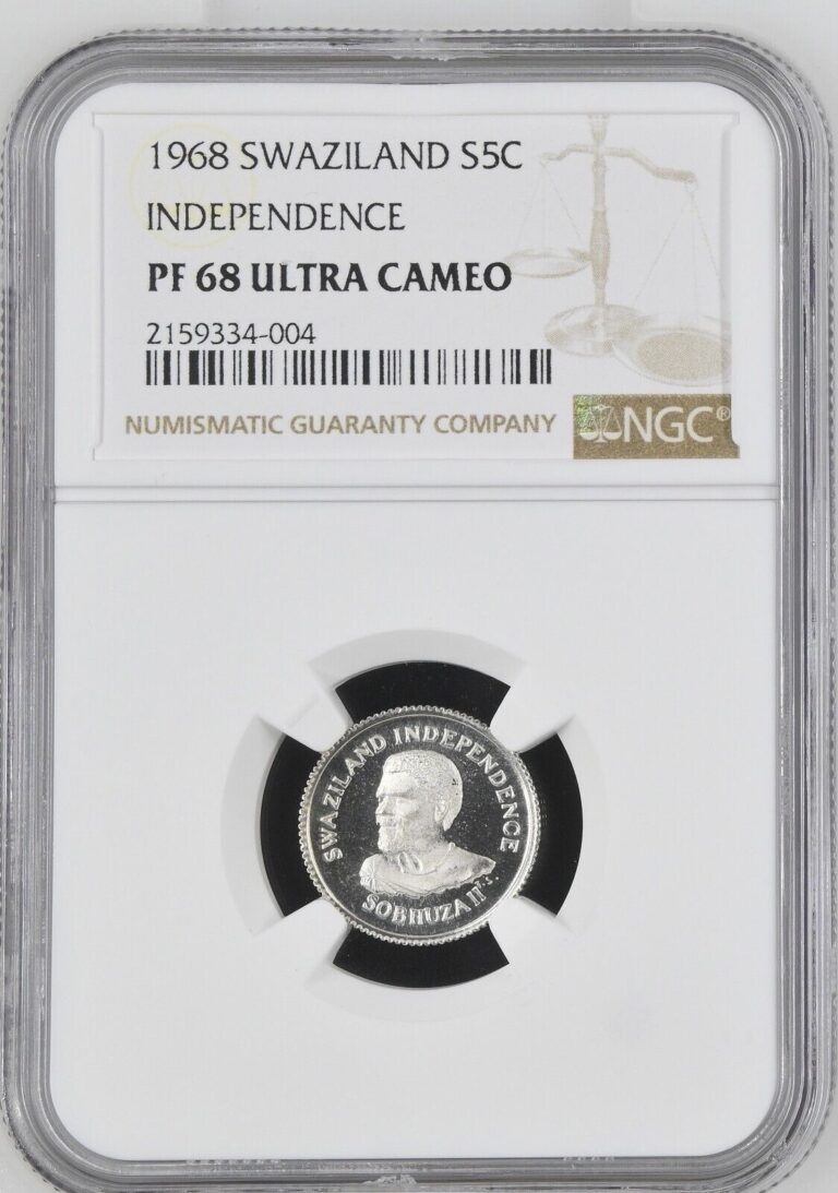 Read more about the article Swaziland 1968 Silver Proof 5 Cent Coin – Independence – NGC PF 68 Ultra Cameo